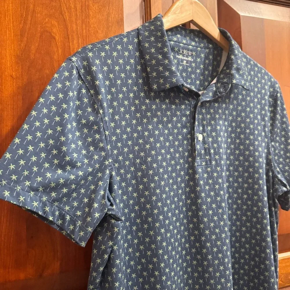 J.Crew Performance Men's Blue Lime Green Palm Tree Print Polo Shirt Medium